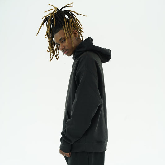 FRENCH TERRY PULLOVER HOODIE  - BLACK